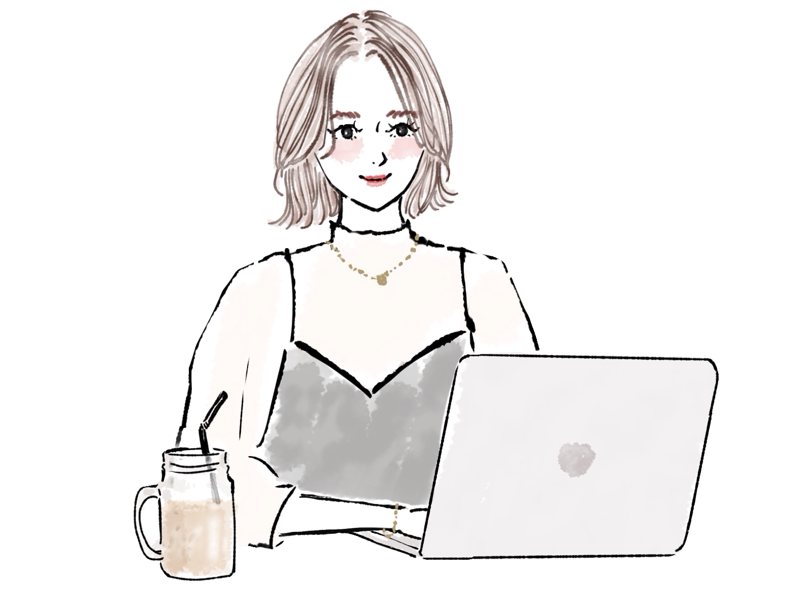 ノートPCで作業する女性のイラスト