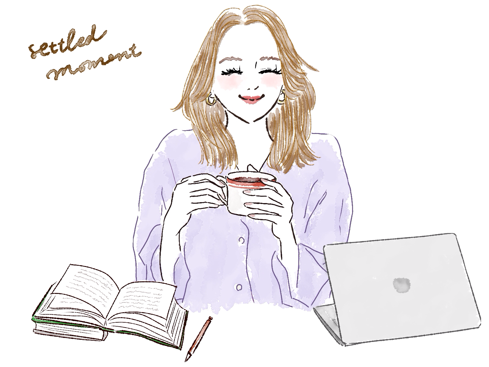 コーヒーを持ちほほ笑む女性のイラスト
