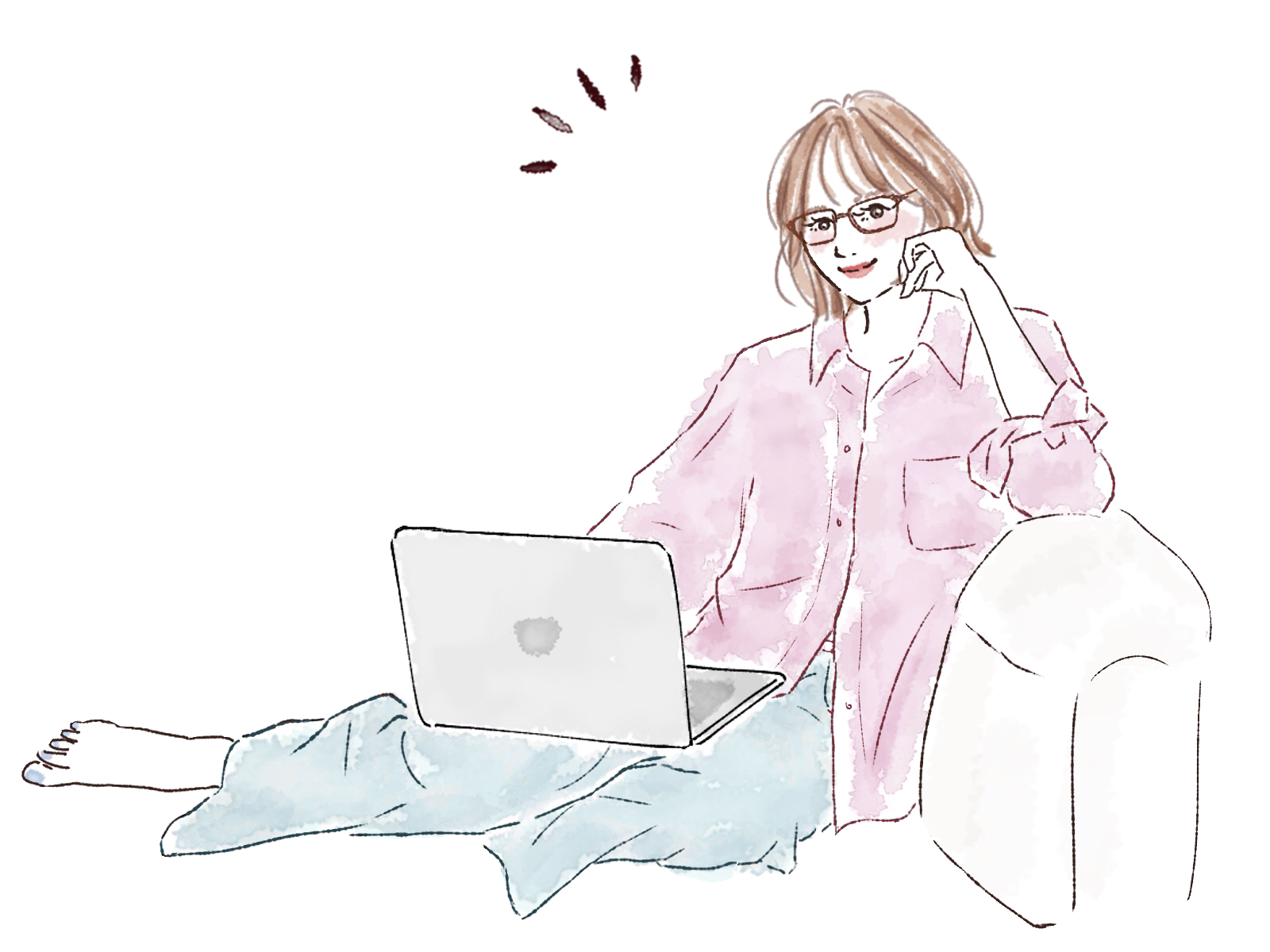 ソファでくつろぎながら作業する女性のイラスト